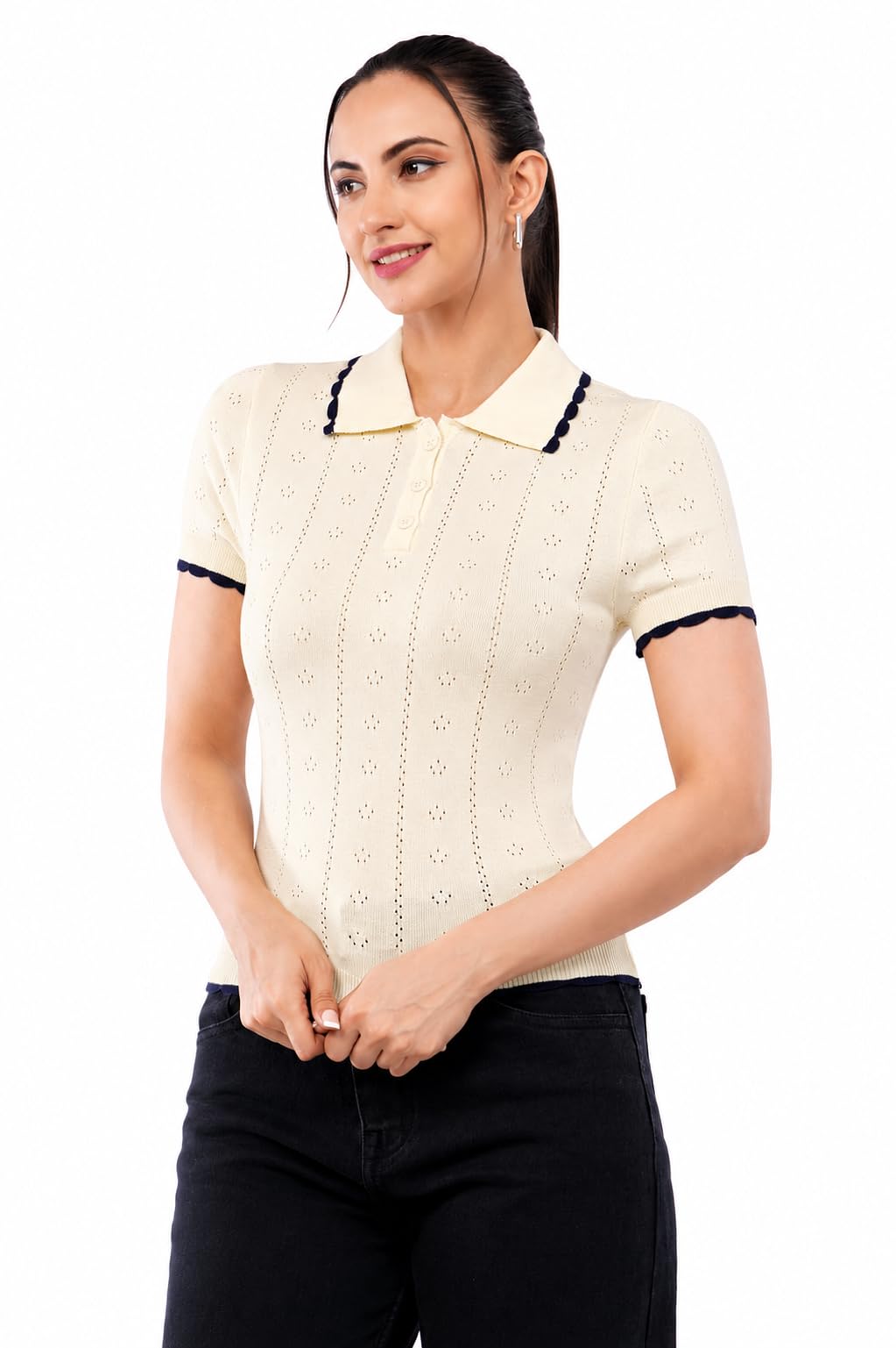 zayn apparel Women's Pointelle Knit Polo Top, Slim Fit, Contrast Scallop Detail, Short Sleeve, Casual and Office Wear-picture-19