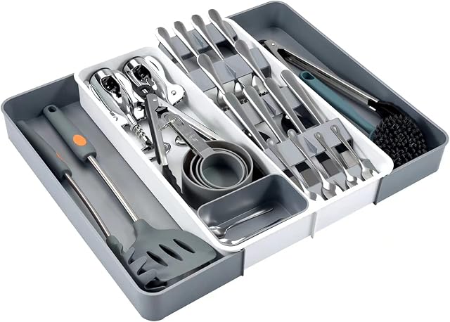 XIAOMIANYANG Cutlery Drawer Organiser Utensil Holder Organizer Tray For Kitchen Drawers Plastic Expandable Silverware Flatware Storage Caddy Large White Grey