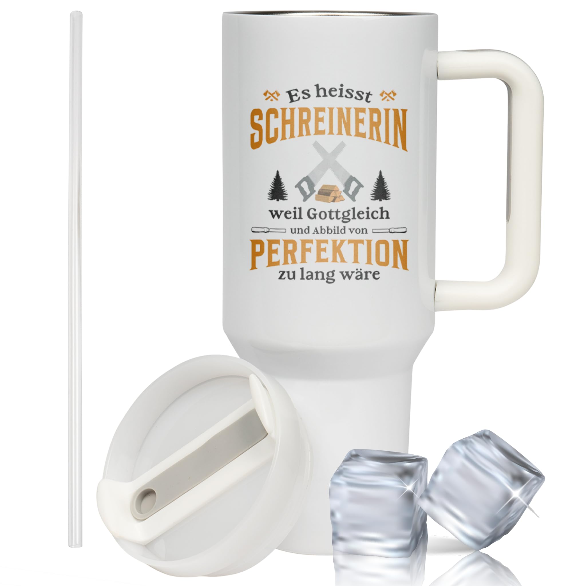 XXL Thermobecher für Schreinerinnen – Geschenk zum Geburtstag & Abschied – Edelstahl Trinkflasche, Weiß mit Schreinerin Spruch (WIEDERVERWENDBAR)