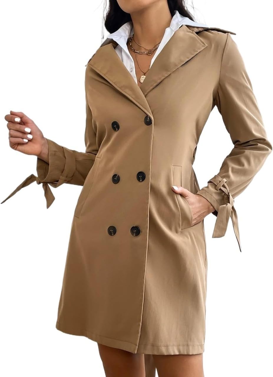 Womens Fashion Trench Outwear Double Breasted Belted Trench Coat Jacket Coat