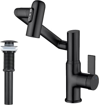 صنبور حمام دوار من Lefton BF2204 مع سدادة تصريف حوض الحمام المنبثقة بدون فيضان D01، أسود غير لامع