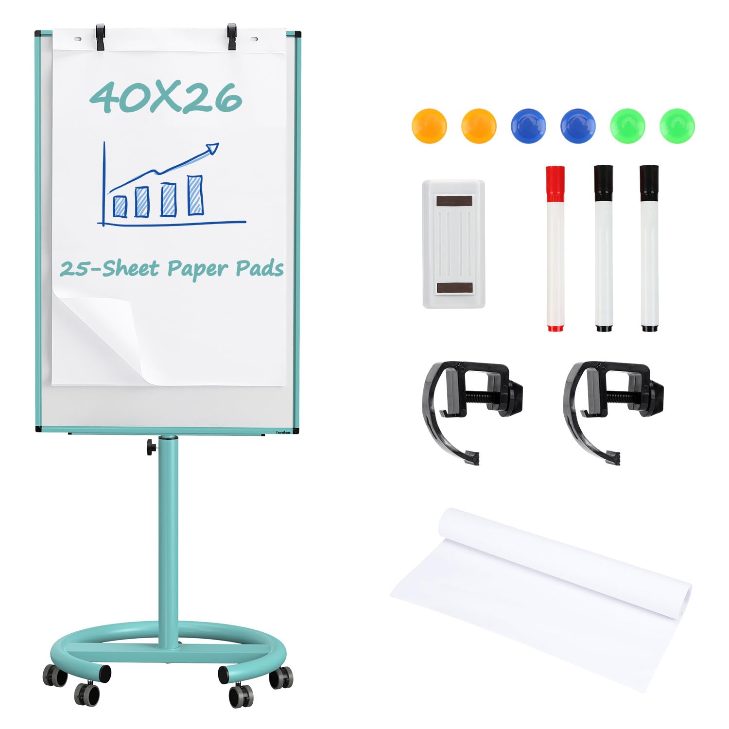 Mobile Whiteboard on Wheels, 40x26 Inches Magnetic Dry Erase Board with Stand, Standing Dry Erase Board with Paper Pads, Portable Rolling White Board
