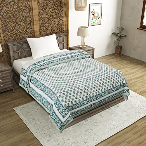 Image of BLOCKS OF INDIA Cotton Single Size Quilt Hand Block Print for Light Winters (60X90 Inches) (Green Tree), Lightweight, 300 TC