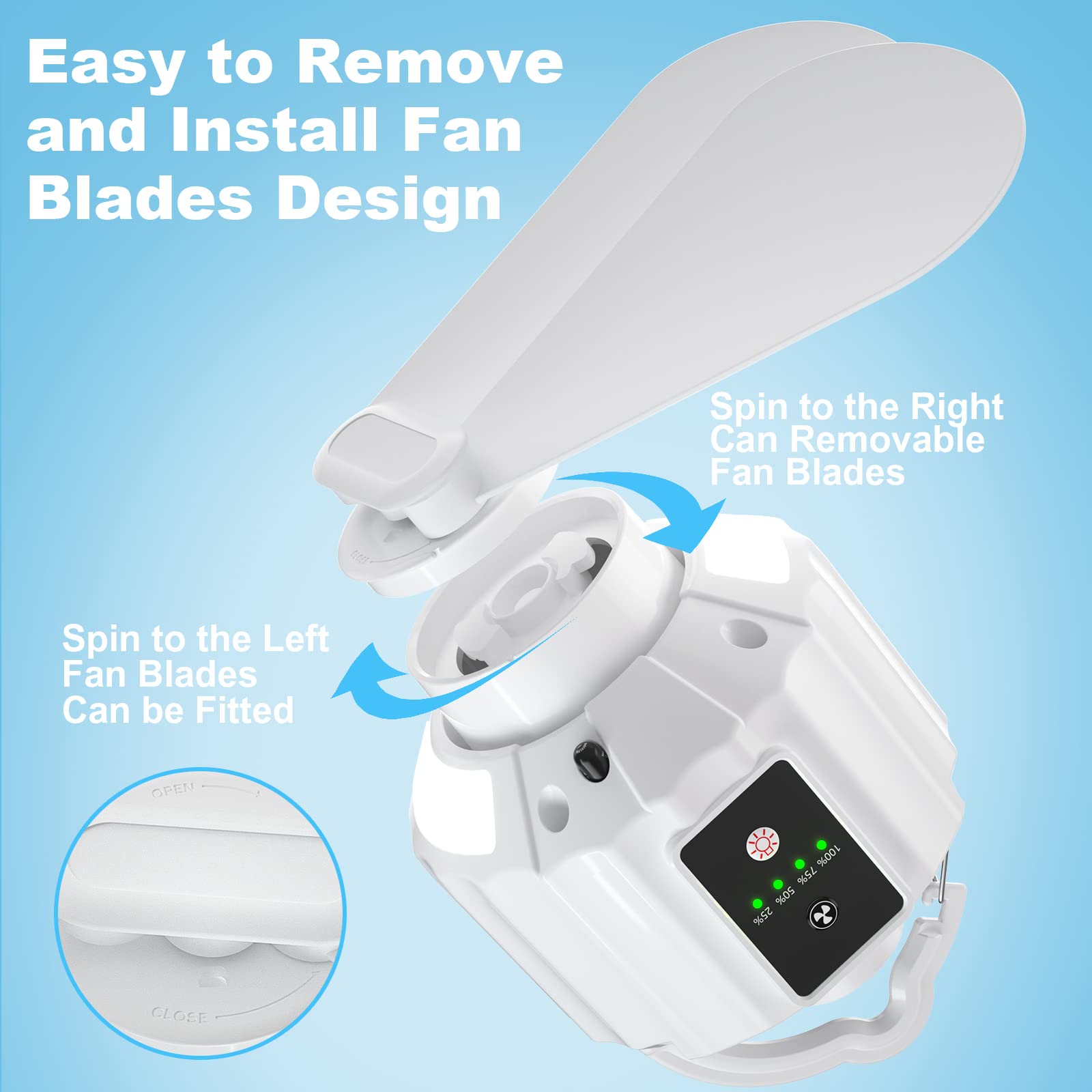 Ventilatore da Campeggio con Lanterna LED, Ventilatore da Campeggio Ricaricabile USB per Tende, Telecomando, Pale del Ventilatore Staccabili,Timer, per Picnic,Tende,Viaggi,Emergenza (Bianco)