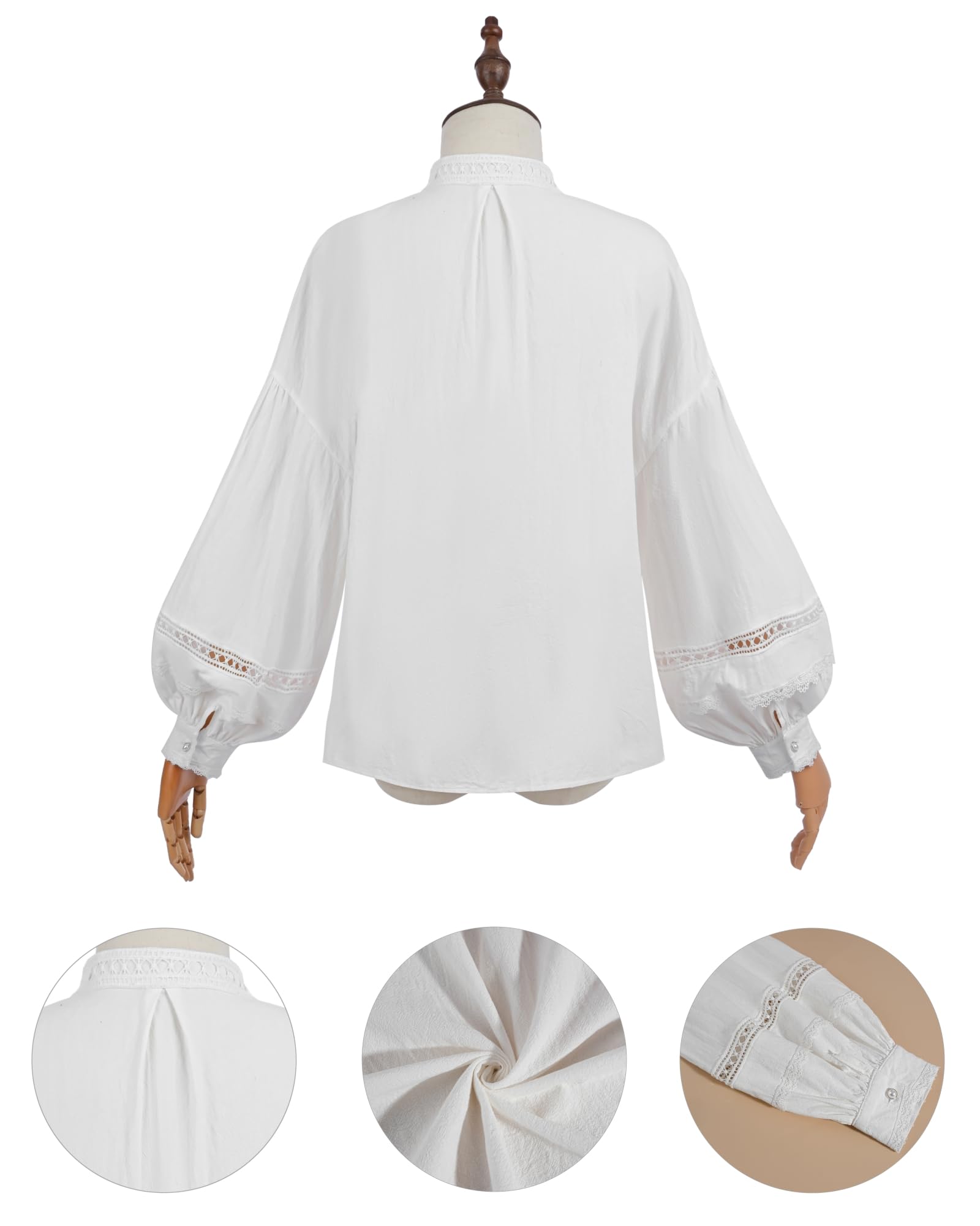Fiamll Chemisier victorien pour femme - Chemisier médiéval à manches longues vintage - Chemisier blanc en coton