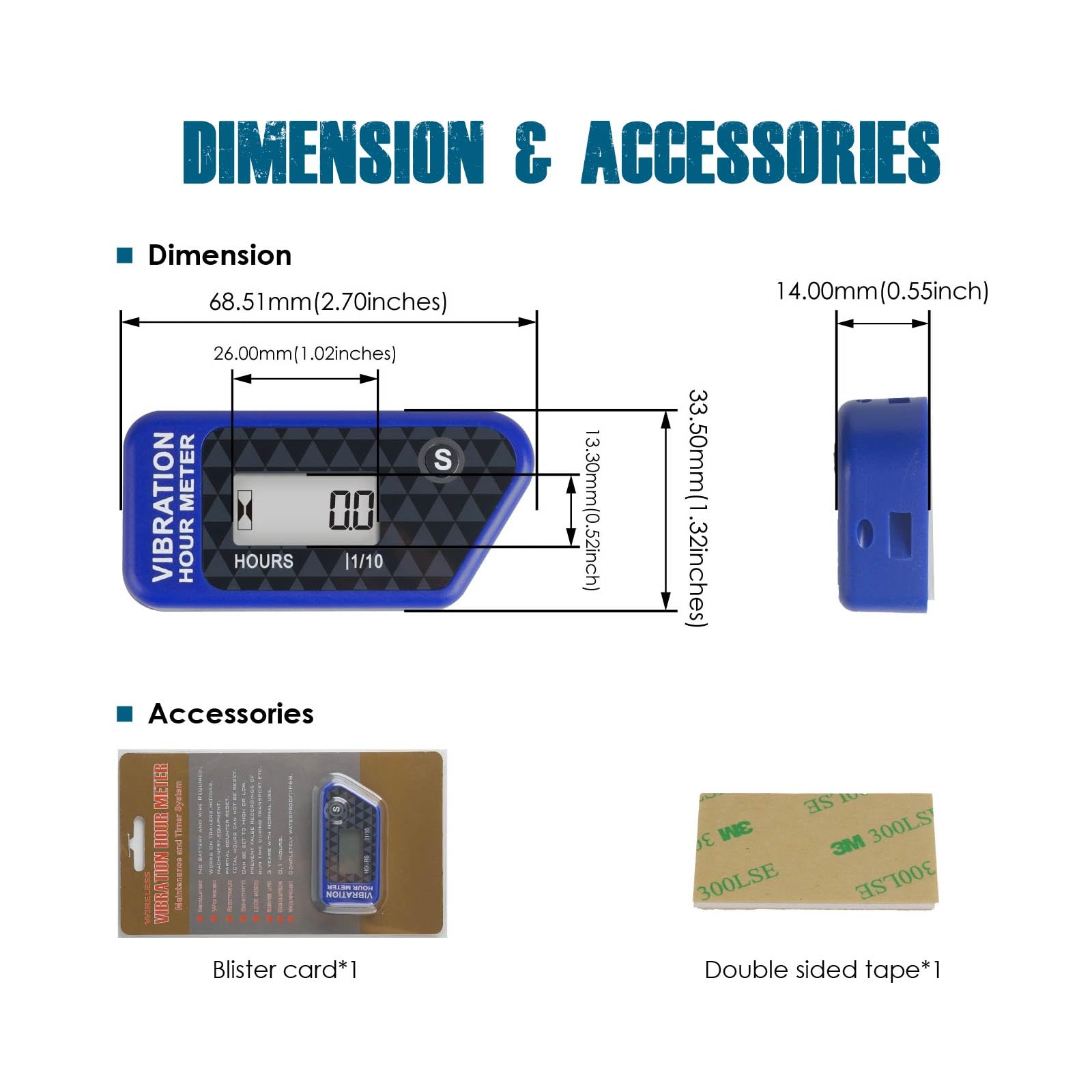 Runleader Digitaler kabelloser Betriebsstundenzähler mit eigener Stromversorgung, vibrationsaktivierter, rücksetzbarer Job-Timer, Benutzersperre für den Generator Marine Lawn Mower (Blau)