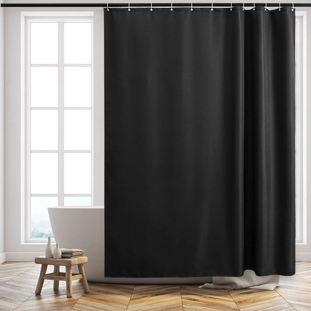 Furlinic Rideau de Douche Noir Tissu 180x200 cm Anti Moisissure Lavable Motif à Gaufre Imperméable avec 12 Anneaux Rideau Douche Camping Exterieure