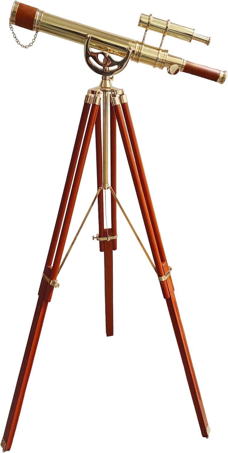 Personalized Nautical Brass Telescopes Adjustable Wooden Tripod Vintage Maritime Half Moon Design Double Barrel Brown Leather Antique Marine Decor (Personalized Telescope)