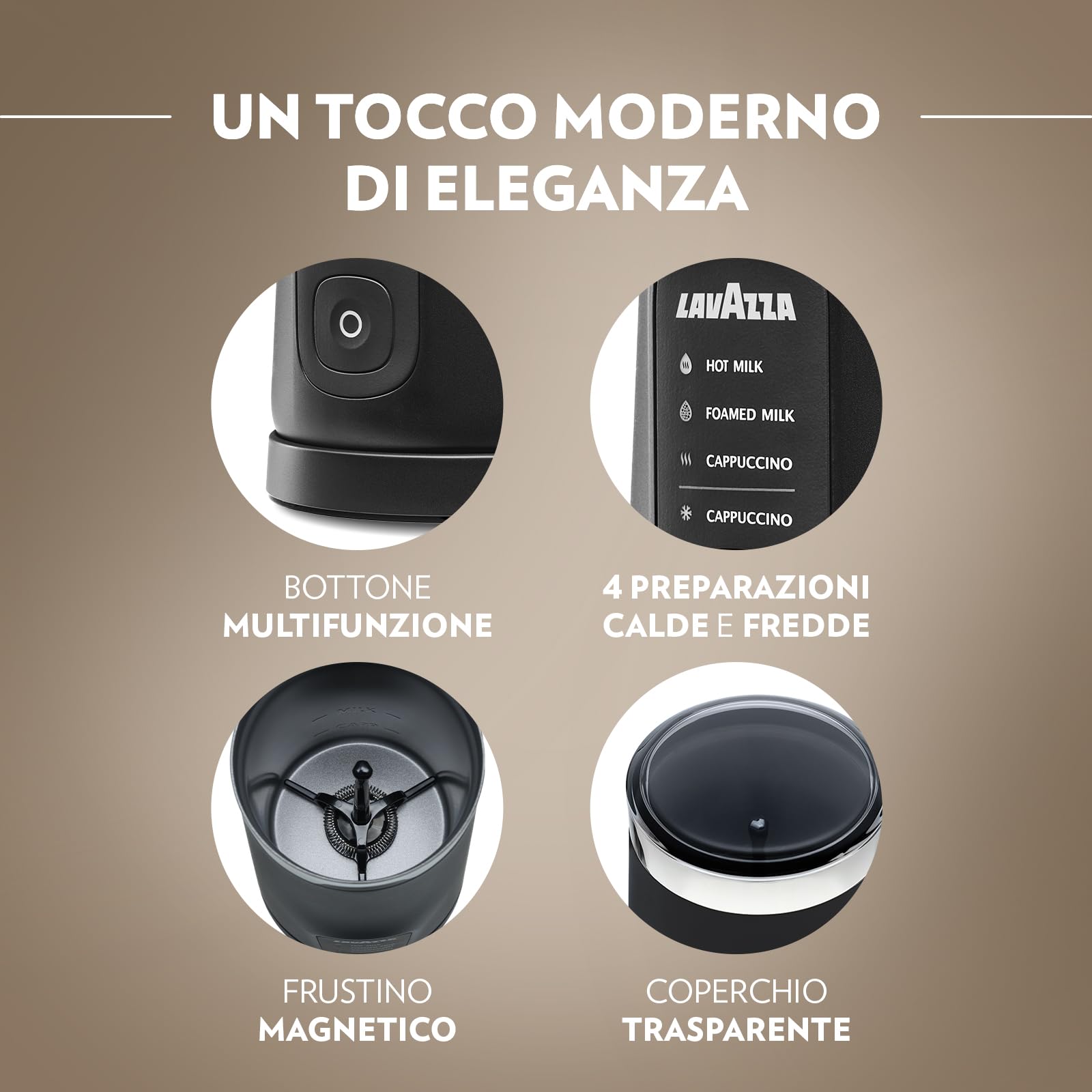 Lavazza, MilkEasy Plus Montalatte Elettrico, con Design Elegante ed Ergonomico, Pulsante Multifunzione, Frusta Magnetica e Coperchio Trasparente