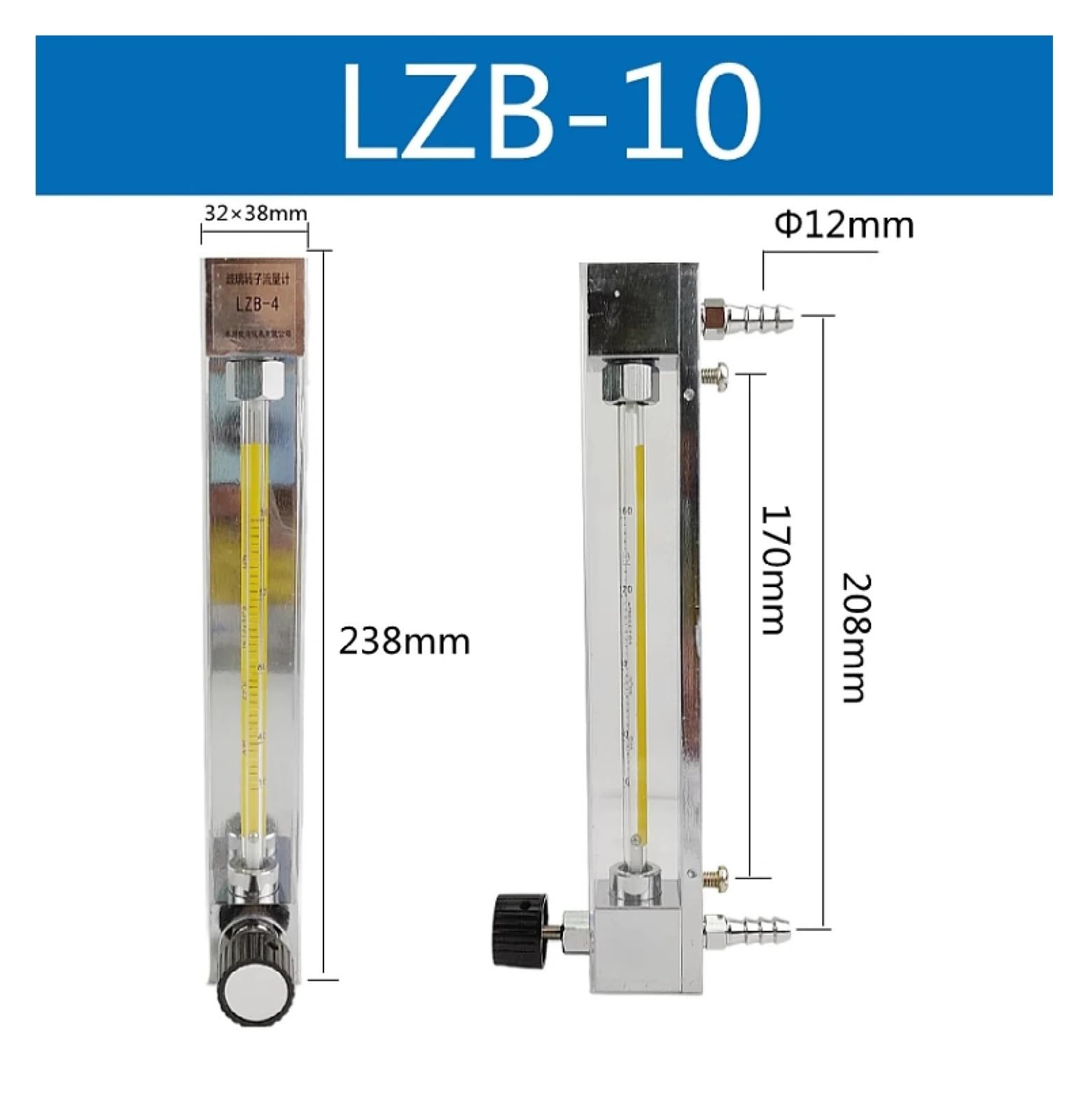 Medidor de flujo de líquido 25-250L/H Rotámetro de tubo de vidrio de manguera de 12 mm con válvula de control Medidor de flujo de área variable montado verticalmente(6-60L-H)