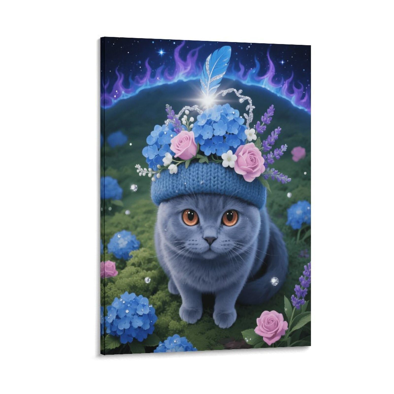 Emyxpaqm Frame-Style-9 British Blue Cat Canvas Wall Art Flower Hat Print On Canvas Artwork For Living Room Office Decor Gift 16X24inch(40X60cm)