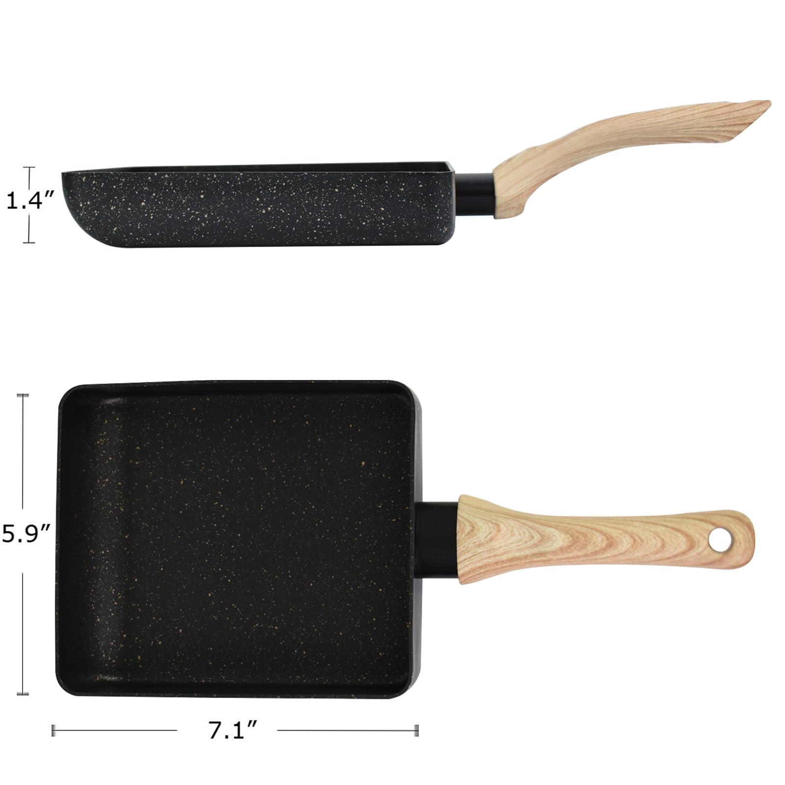 Artcome Poêle à omelette japonaise avec revêtement anti-adhésif Tamagoyaki avec assiette Tamagoyaki, spatule et brosse en silicone, 17,8 x 15,2 cm (noir)