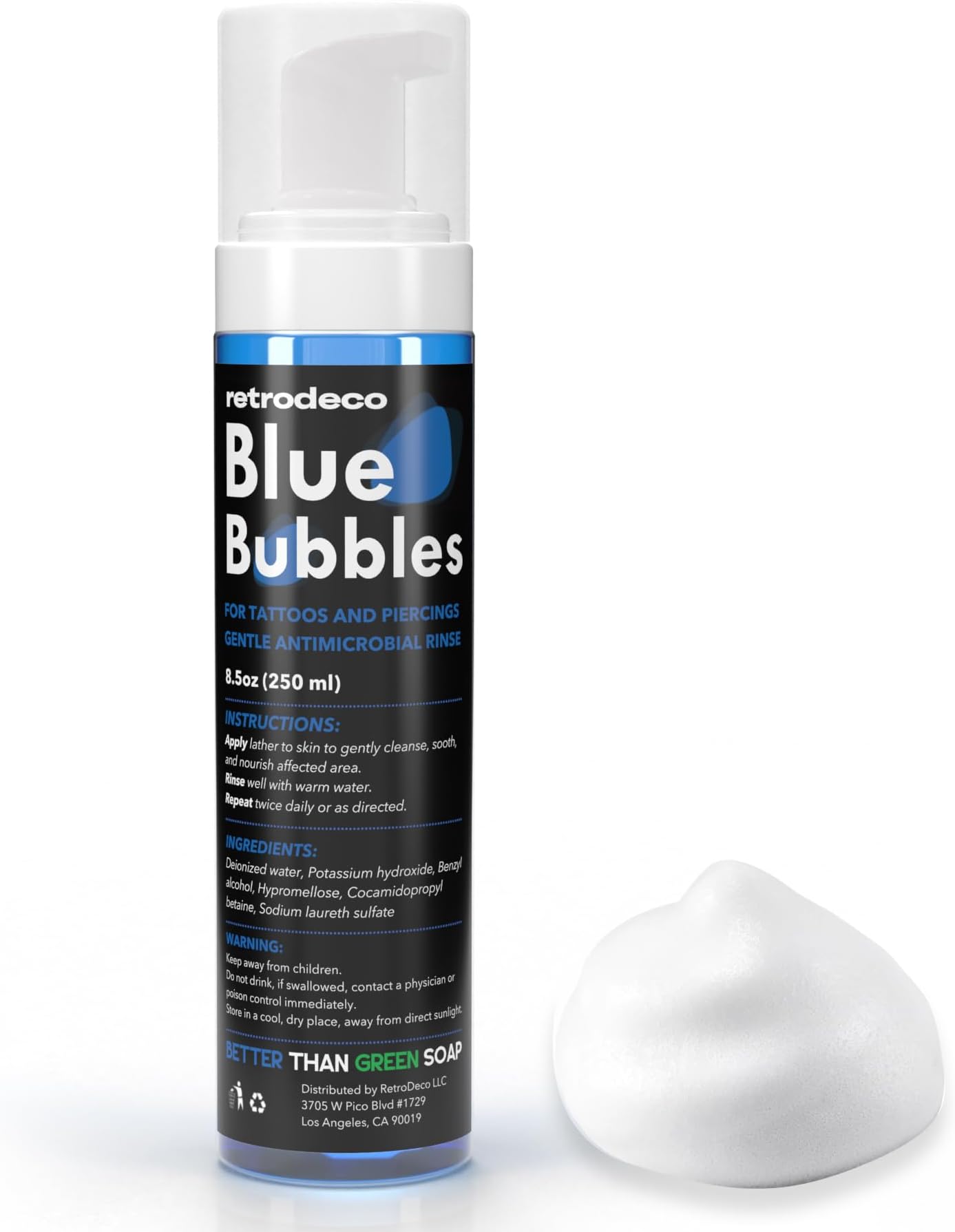 Blue Bubbles 8.5oz Foaming Aftercare Tattoo Soap to Heal, Cleanse, and Clean Skin & Piercings - Gentle, Moisturizing, & Vegan Formula (Blue Foam, 8.5 Fl Oz)