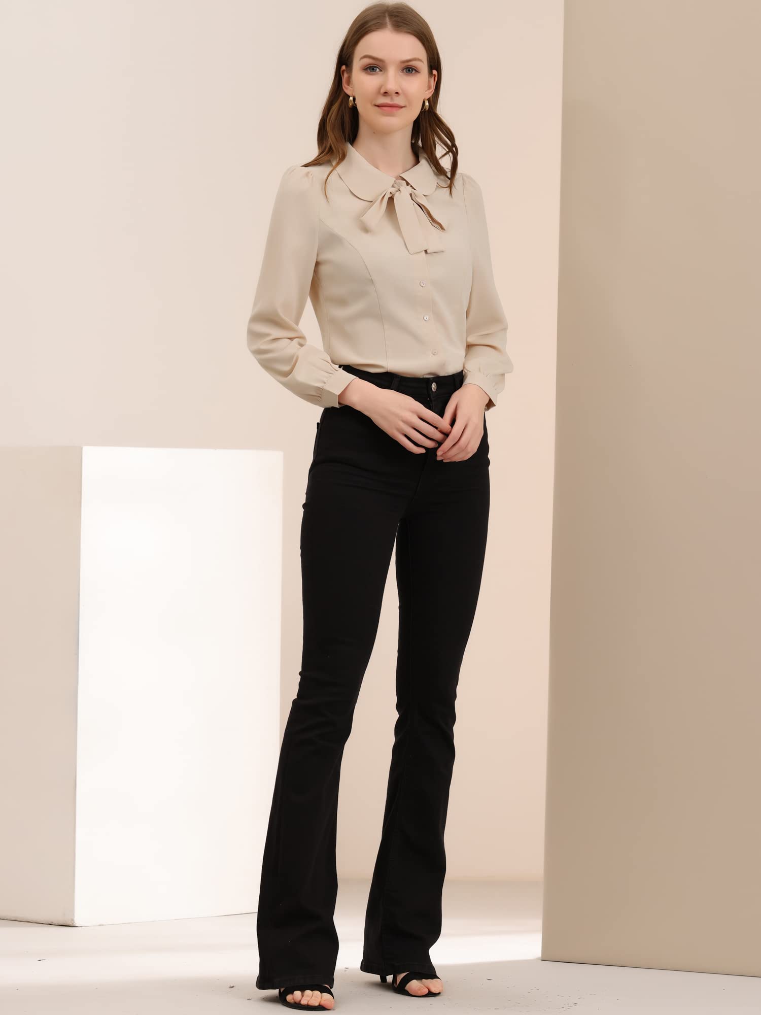 Allegra K Donne Peter Pan Colletto Camicia AutoChiudente Collo Bottone Giù Lavoro Ufficio Top Blusa