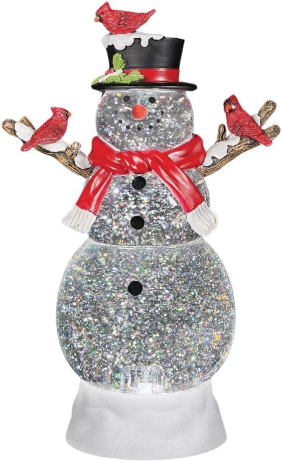 Roman 12" H Lighted Swirl Snowman with Cardinals, Swirling Glitter Confetti Lite, USB or Battery Powered, Christmas Decoration, Holiday Accent or Gift