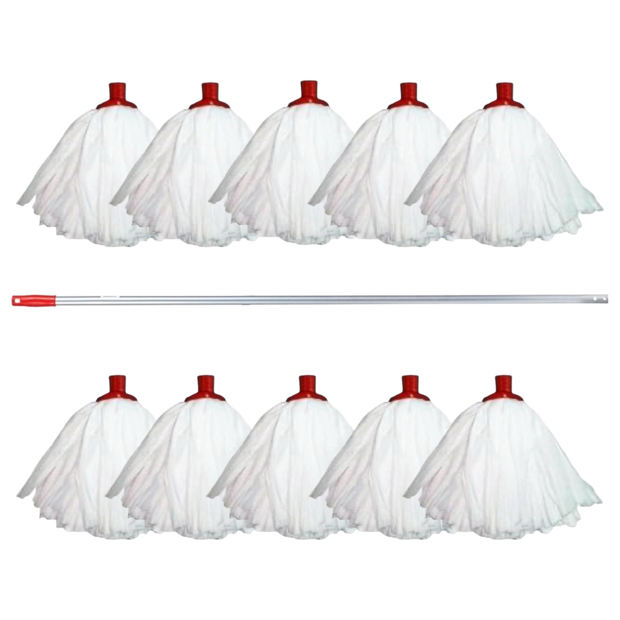 Aardvark Janitorial Supplies Red 10 Professional Super White Colour Coded Mop Heads And 1 Mop Handle (Red)