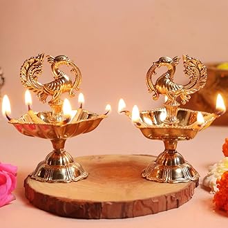 The Spiritual Living Peacock Diya | Peacock Design Brass Diya | Brass Diyas for Home | Kuthu Vilakku Decoration Items for Home Decor | 3.5 Inch | Diya for Diwali | Ideal for Gifting - 2 Pcs Set