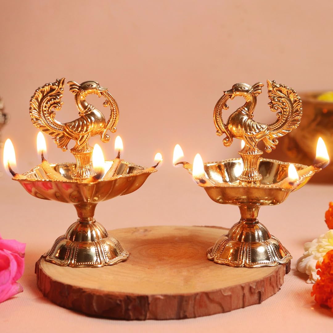 Peacock Diya | Peacock Design Brass Diya | Brass Diyas for Home | Kuthu Vilakku Decoration Items for Home Decor | 3.5 Inch | Diya for Diwali | Ideal for Gifting - 2 Pcs Set
