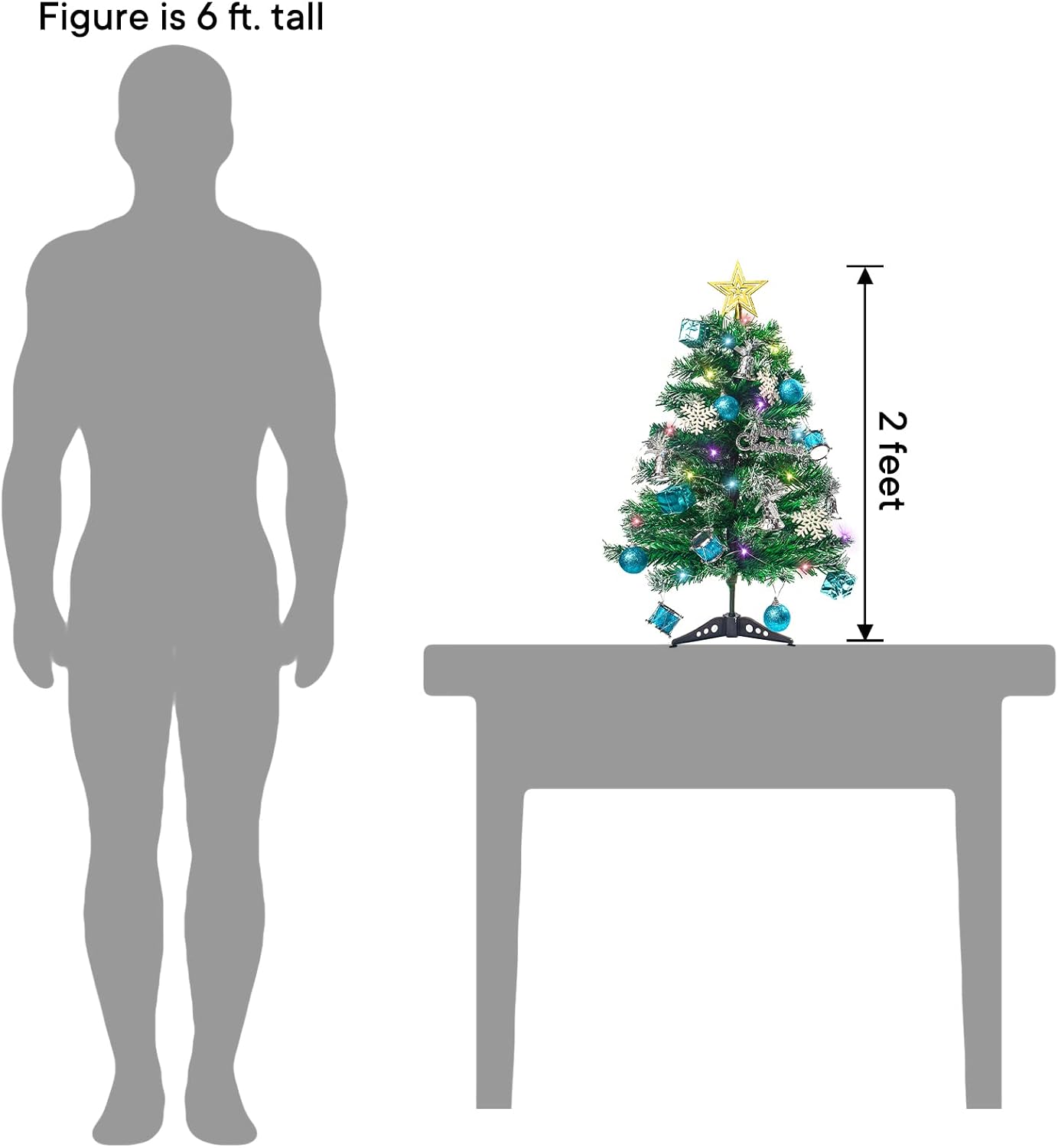 3 otters 24 Inch Artificial Mini Christmas Tree with 26 Lights, Lighted Christmas Tree Holiday Home Decor, Desk Christmas Tree Includes Christmas Balls Snowflakes Top Star