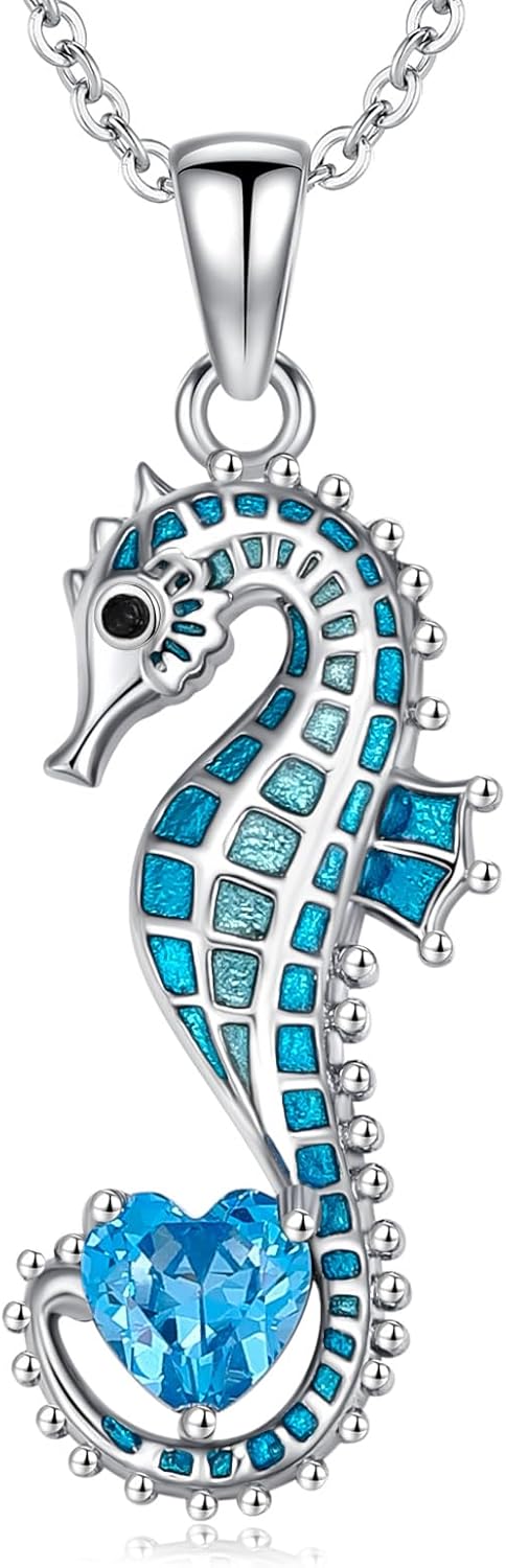 LONAGO Seahorse Necklace for Women 925 Sterling Silver Blue Seahorse Holding Heart Shaped Birthstone Pendant Necklace