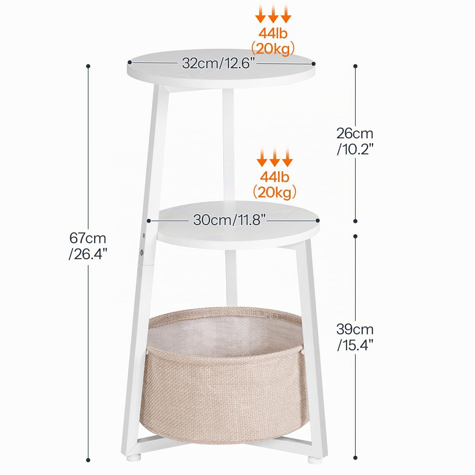 HOOBRO Mesa Auxiliar Redonda de 3 Niveles con Estantes y Bolsillo de Tela, Mesita de Noche, Mesa de Centro Pequeña para Espacios Reducidos, Mueble Lateral de Sofá, Salón, Dormitorio, Blanco EWW169BZ01
