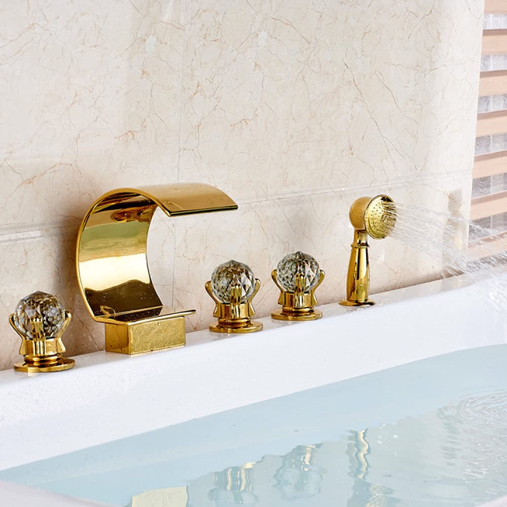 SnamicE Golden Bathtub Faucet Waterfall Widespread Tub Mixer Tap Deck Mounted Pull Out Handshower Bath Shower Set 3 Handles,Gold Model C,