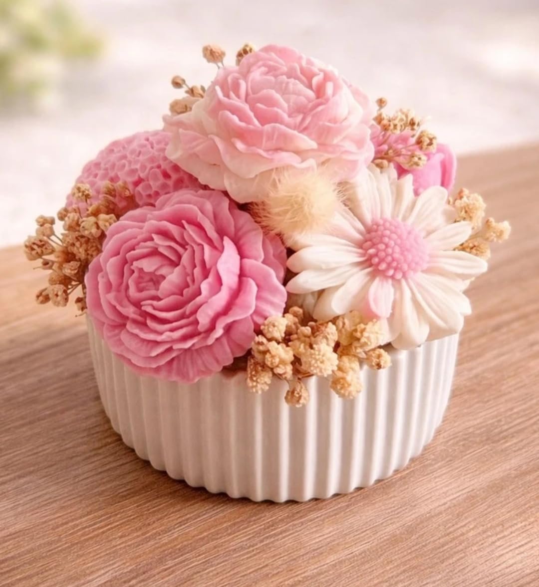 Dried Flower Arrangement in White Ribbed Ceramic Pot, Pink Bouquet | Roses & Daisy Blooms, Decorative Centerpiece, Table Decor, Preserved Florals, No Watering Needed-image-33