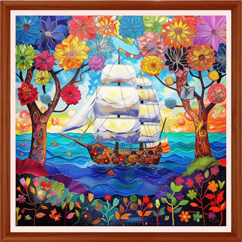 Image of Hopeart Stamped Cross Stitch Kits for Beginner Embroidery Kits for Beginners Adults DIY 11CT Cross Stitch Patterns Needlepoint Kits Crossstitching Kits-Rainbow Flower Sailor 18x18 inchs