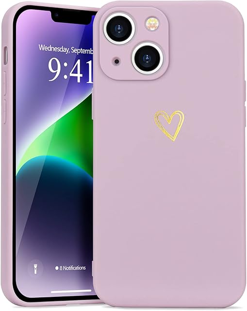 Wirvyuer Compatible with iPhone 14 Case for Girls Women Silky Soft Protective Shockproof Silicone Phone Case with Cute Gold Heart Pattern Design Purple Bumper Cover