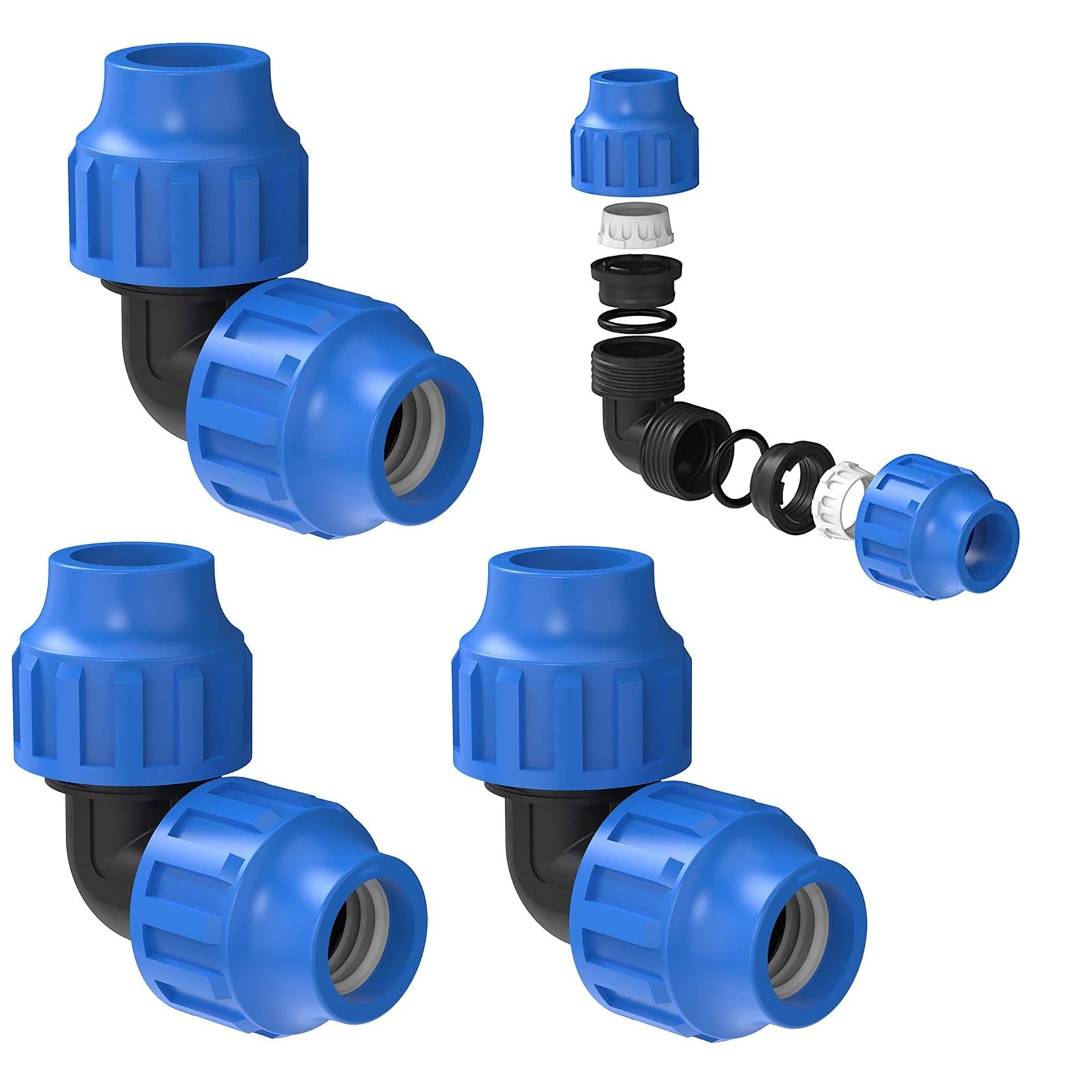 3 pieces elbow 90 degrees, fitting connection angle 90° garden hose coupling for water pipes, HDPE pipe, 25 mm, plastic, compression fitting
