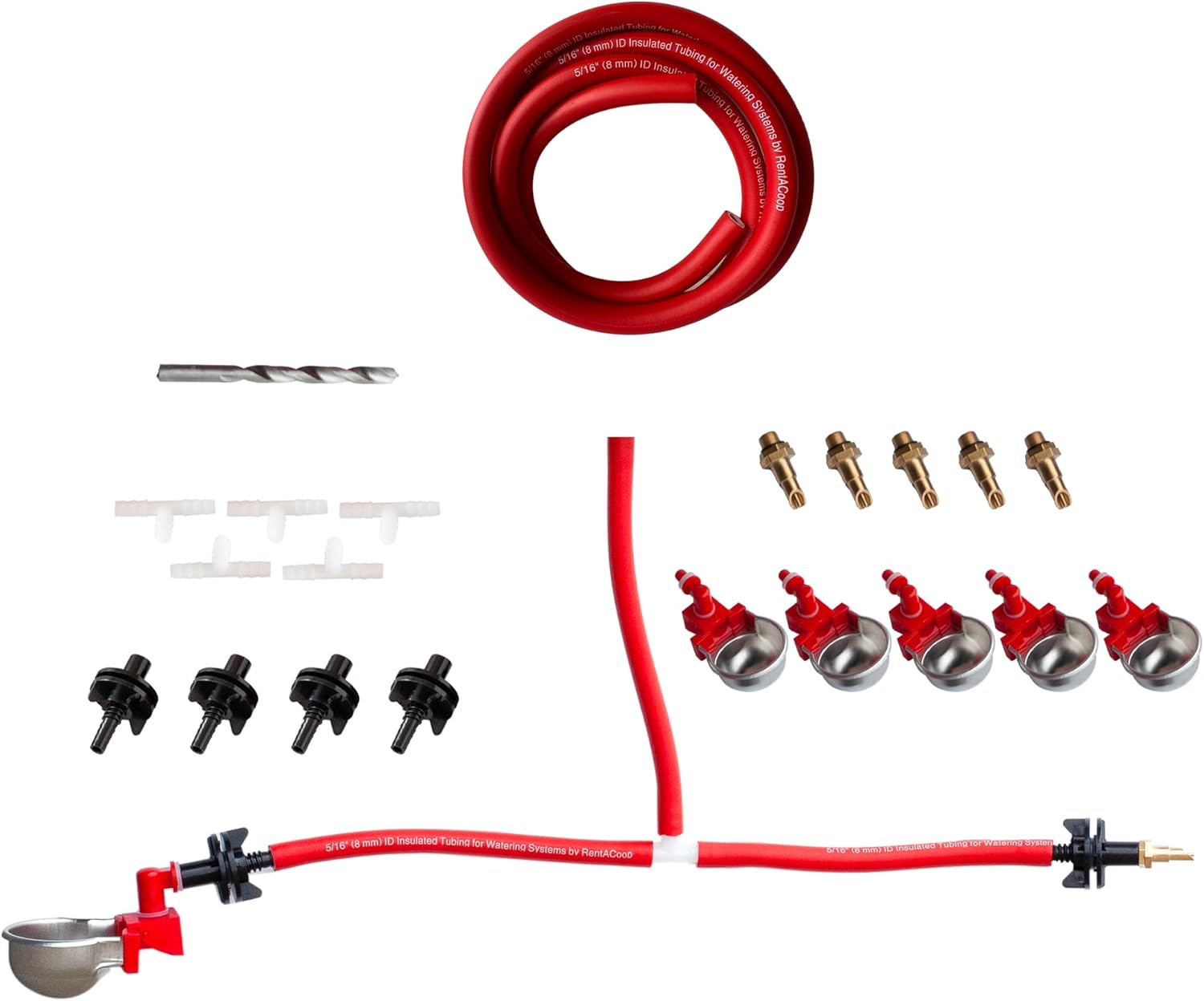 RentACoop DIY Sip Station Watering System Starter Kit; Includes Tubing, Brass Nozzles, Metal Auto-Fill Cups, Tubing Adaptors, T-Connectors, and 11mm Drill Bit; Great for Rabbits, and More