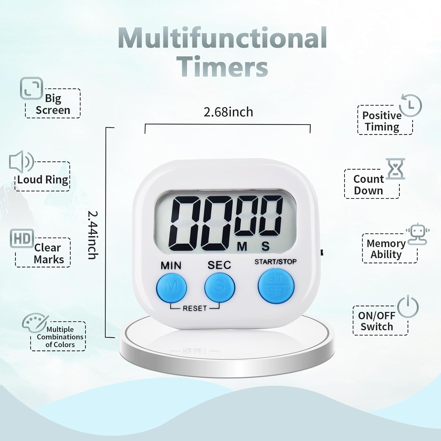 Set of 6 White Digital Kitchen Timers with Magnetic Backing