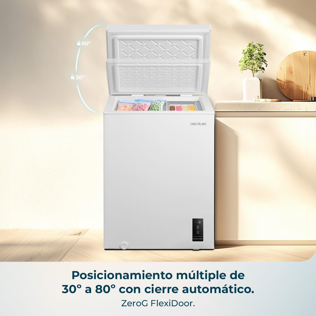 Cecotec freezer door opening at multiple angles with ZeroG FlexiDoor
