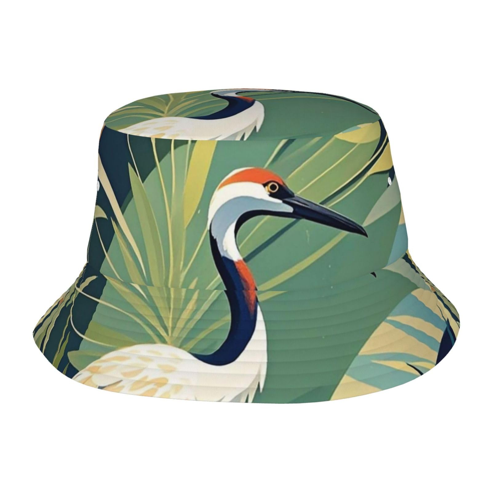Unisex Cute Bucket Hat Summer Travel Fisherman Cap Crane Bird Wild Plants Beach Travel Sun Hat Outdoor Cap Black