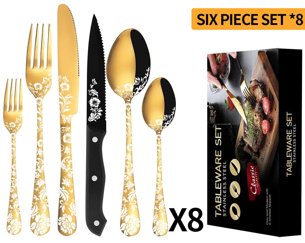 XIAOYU Set di posate da 48 pezzi con coltelli da bistecca, set di posate in acciaio inossidabile per 8 persone, set di coltelli forchette cucchiai con laser unico a forma di fiore di peonia