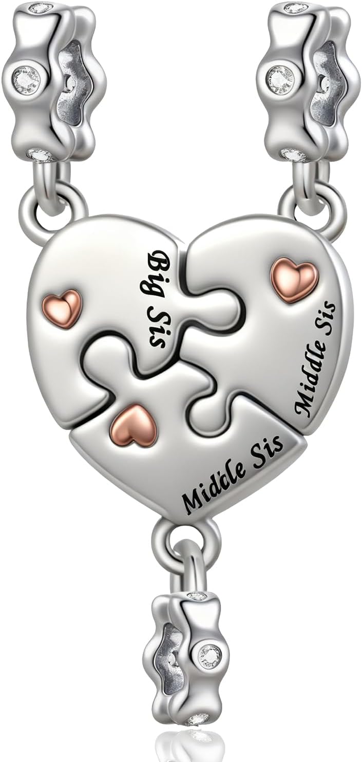 3PCs Mother Daughter Son Soster Grandma Charm Set Matching Puzzle Heart Bead Compatible with Pandora Bracelet Women