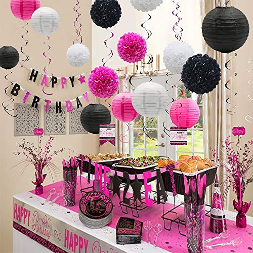Image of KAXIXI 15-Piece Pink and Black Party Decorations, Paper Pom Poms & Lanterns