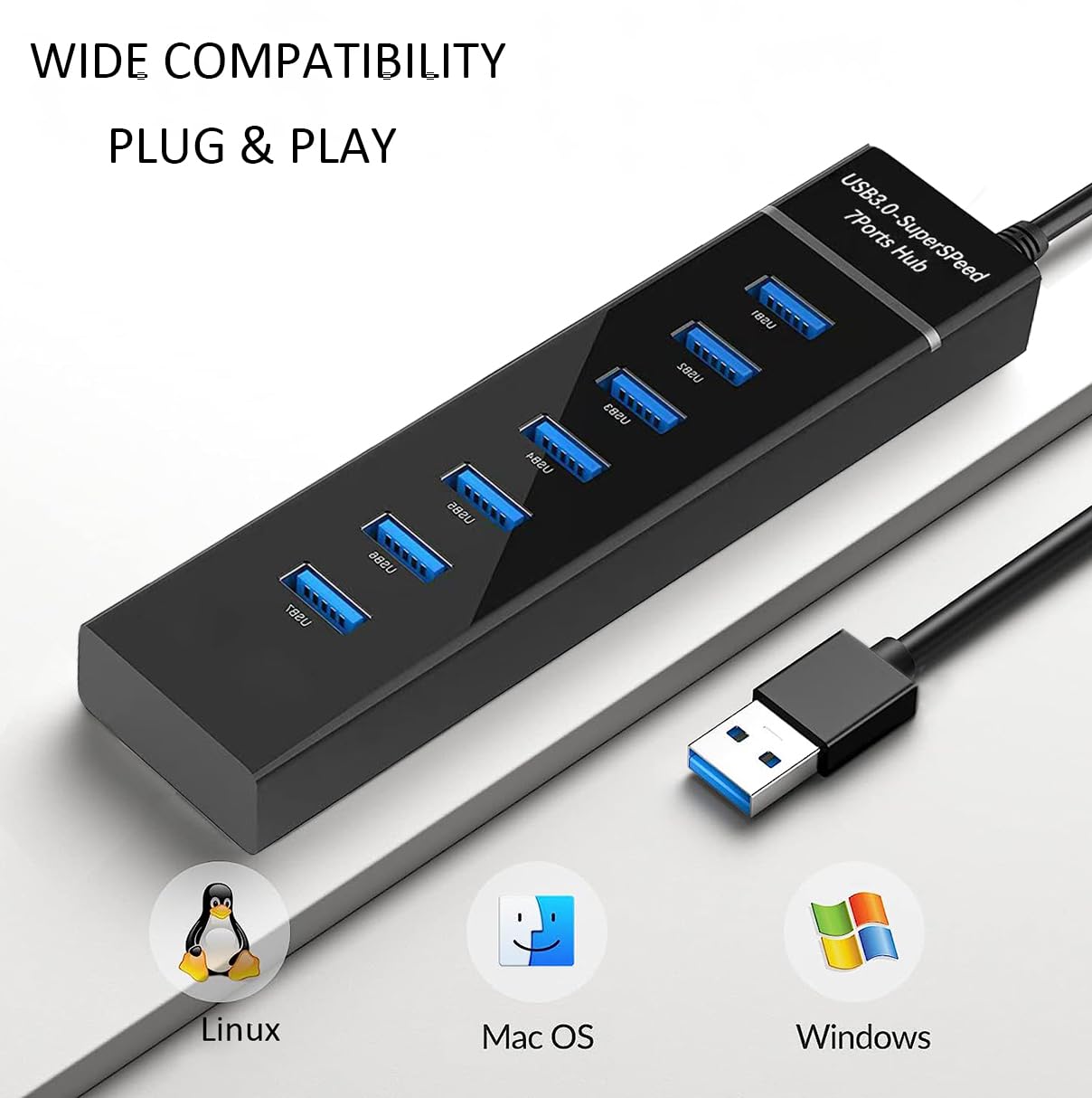 Hub USB 3.0 7 ports, répartiteur USB 5 Gbit/s de données avec câble de 1,2 m, pour ordinateur portable, PC, MacBook, Mac Pro/Mini, iMac, Surface Pro, Windows, clé USB, disque dur mobile