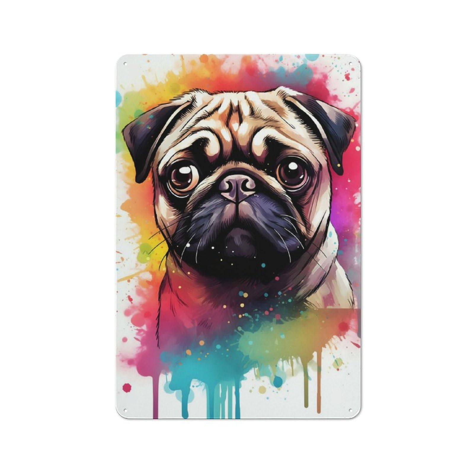 Cute Watercolor Pug Dog Tin Sign 30x20cm for Living Room Wall, Rustic Wall Decor, for Living Room Decor Lovers