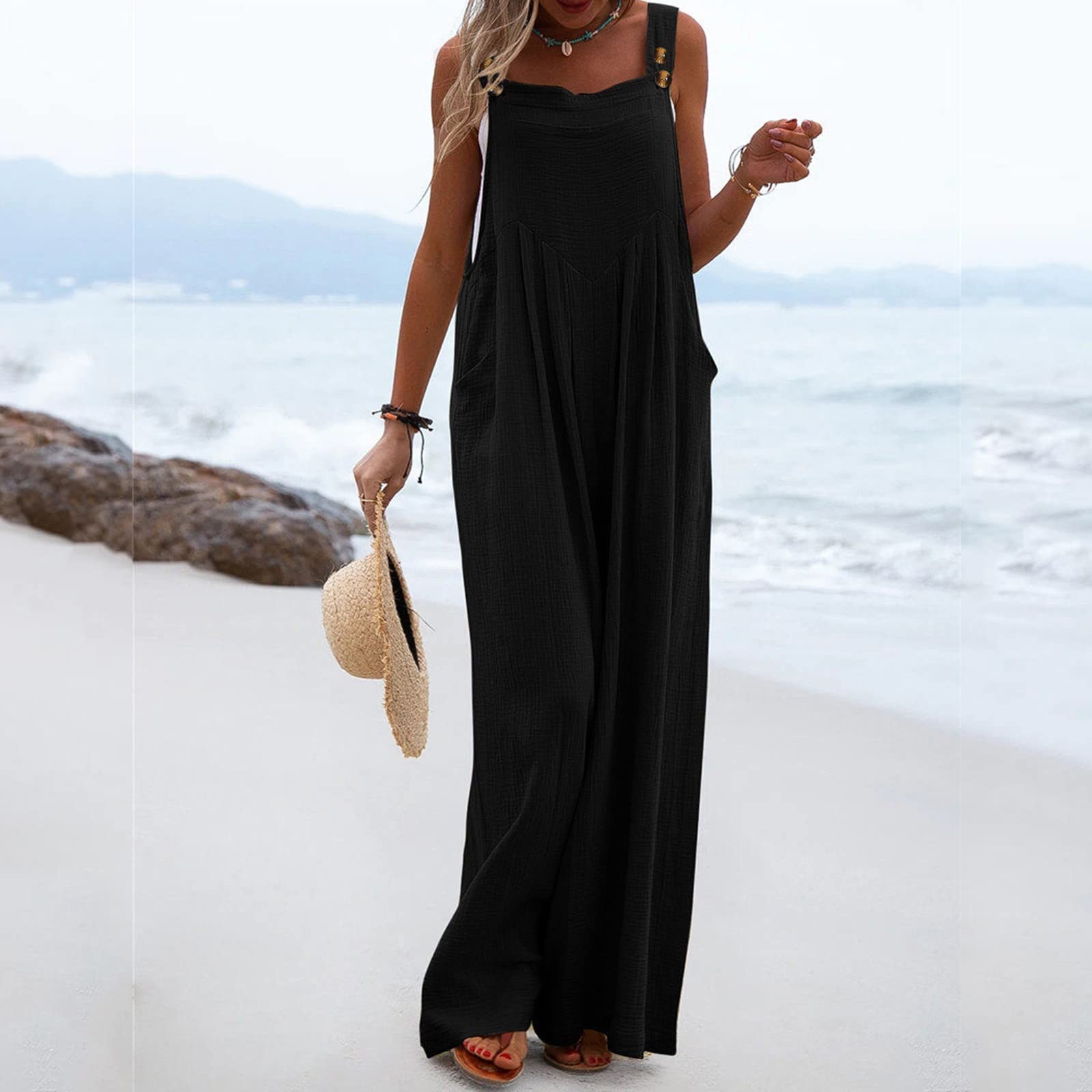 Petos Mujer Talla Grande Verano Largos Elegantes Casual Pocket Romper | Correa Sólido Playsuit Botón Largo Mono de Mujer Pierna Ancha Casual Trabajar Vestir