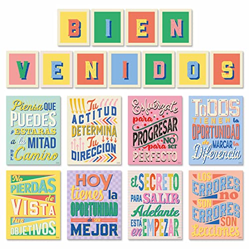 Set of 8 Motivational Posters in Spanish & BIENVENIDOS Letters for Teachers & Students - Spanish Language Posters That Inspire - Laminated Growth Mindset Spanish Posters for Classroom - 11