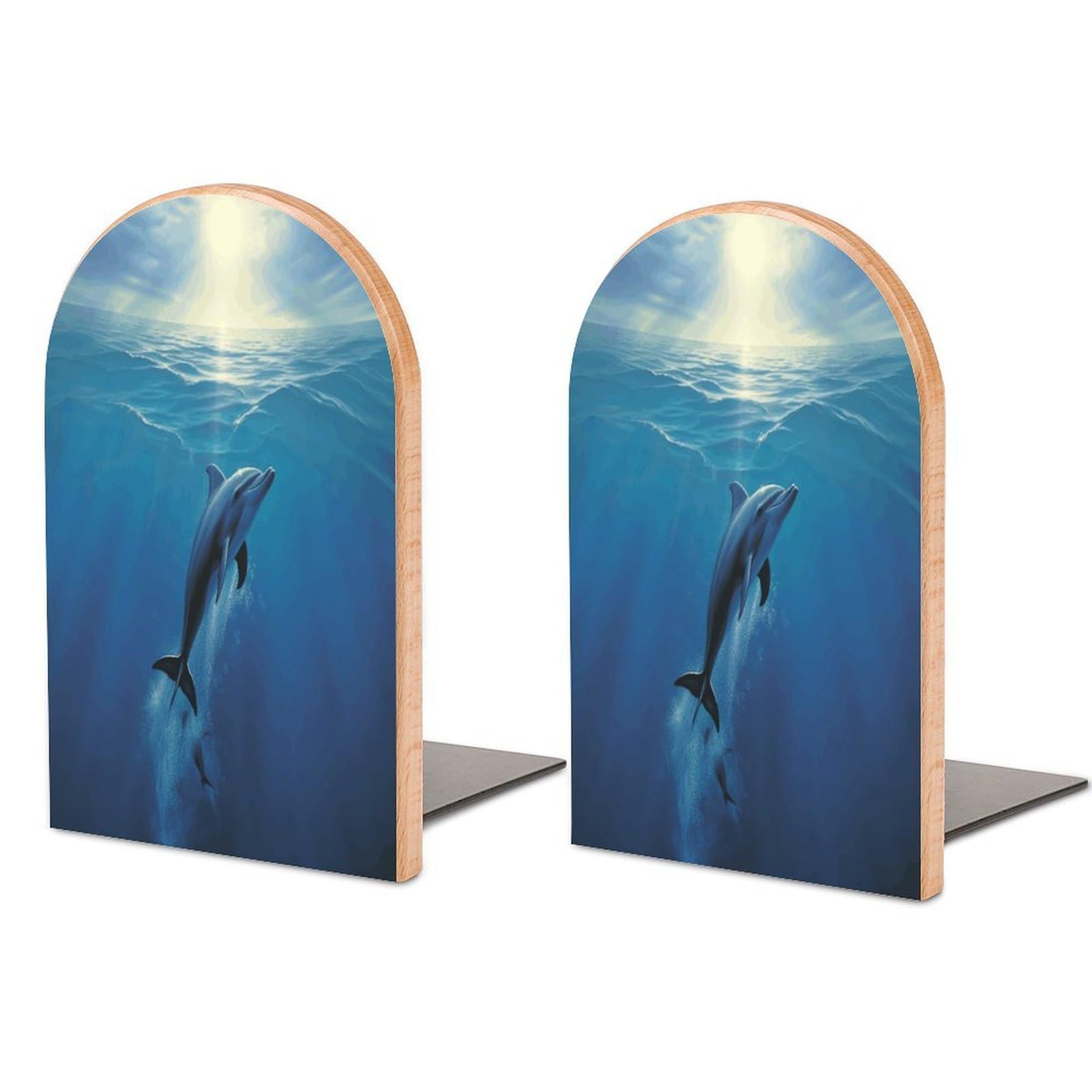 Dolphin in The Ocean Bookends Modern Bookends for Shelves Fashion Heavy Duty Book Stopper Sturdy Non-Skid Metal Base Wood Book Ends for Library Home Office 1 Pair
