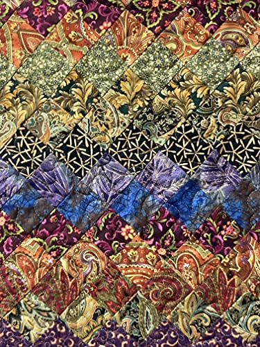 Art Quilt, Plum Green Blue Bohemian Fabric Wall Hanging, Quilted 20X38 Inch Kashmir Paisley Vertical Textile Artwork, Table Runner Dresser Scarf #TOP1