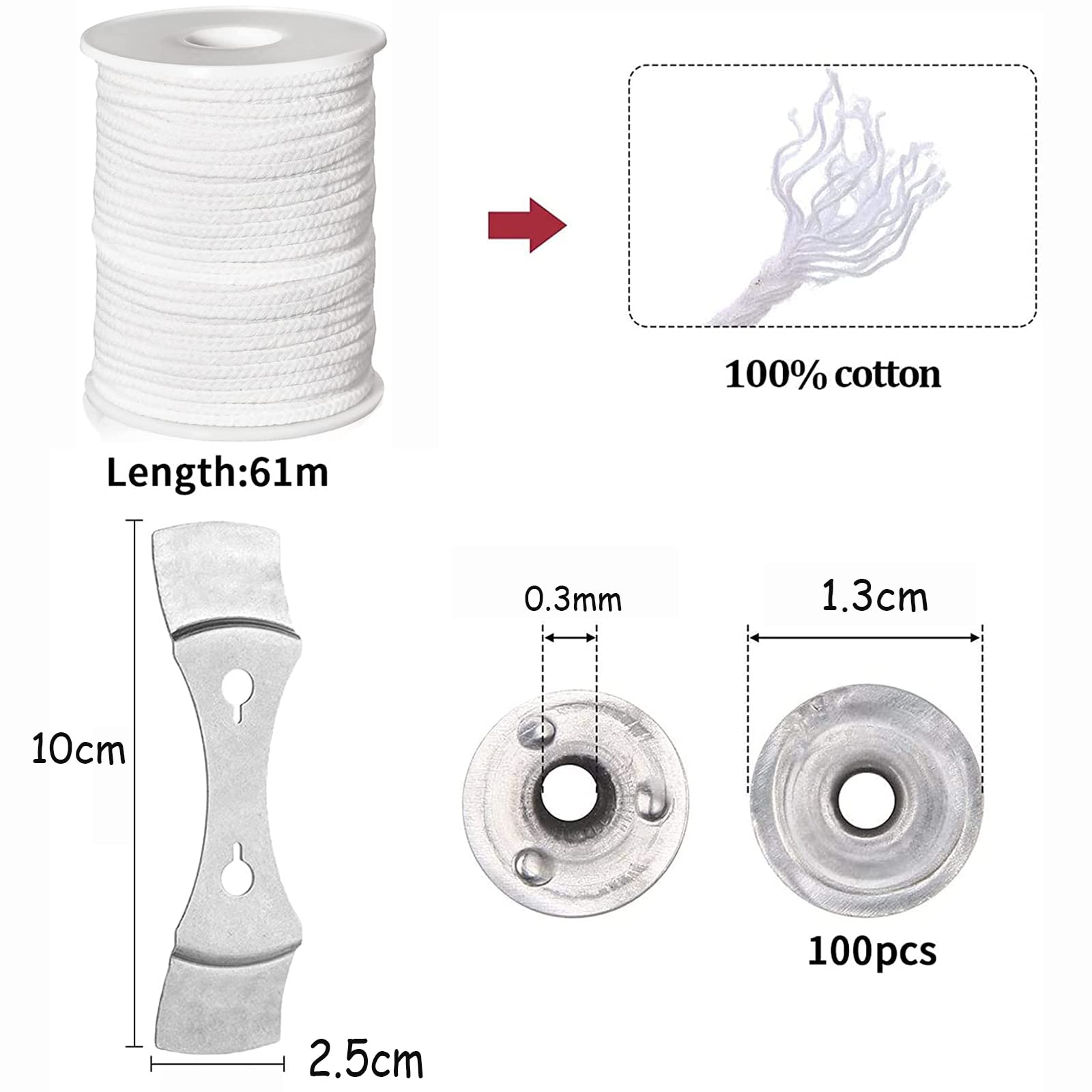 KWHSUN Stoppini per candele, 61 m, in cotone, stoppino per candele, stoppino senza fumo, con 100 stoppini per candela fai da te, produzione di candele, candele a olio