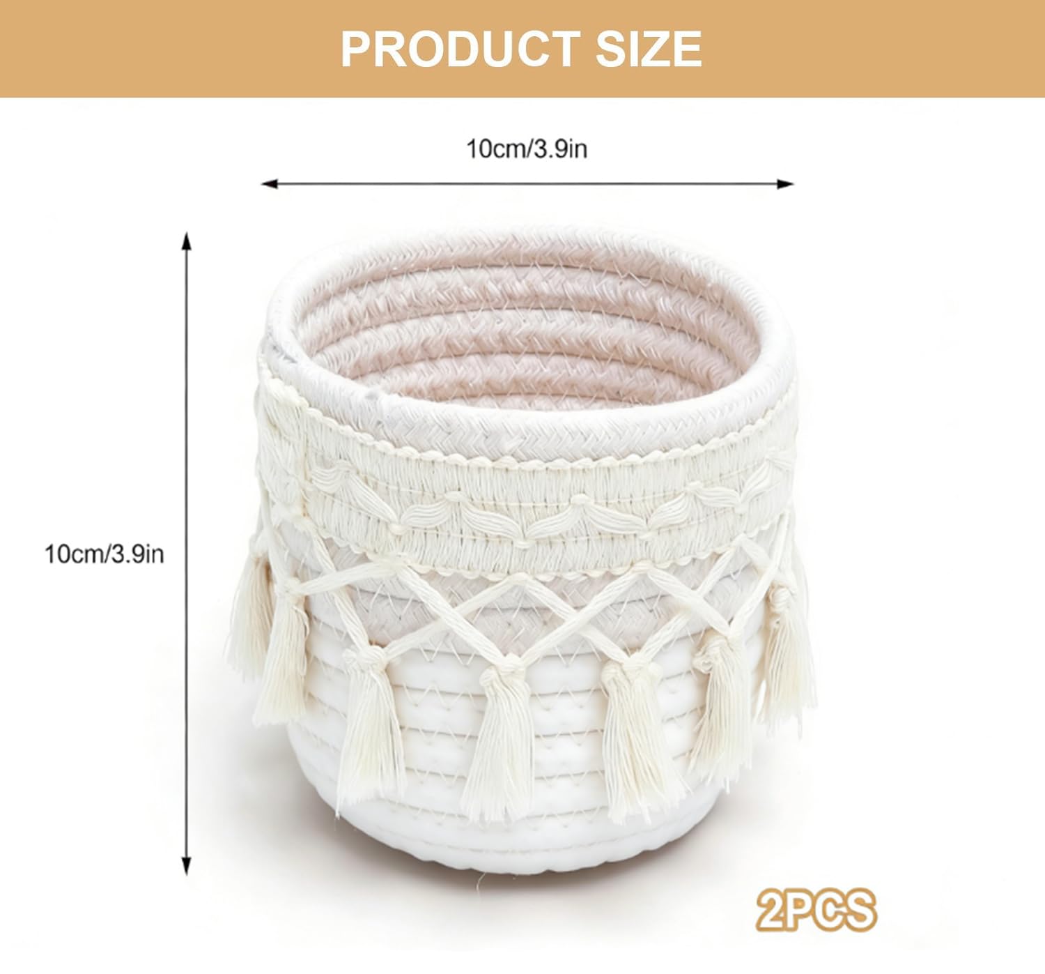 Lot de 2 porte-pinceaux de maquillage en macramé, panier de rangement bohème, 10 x 10 cm, en corde de coton, mini organisateur cosmétique et porte-stylos pour coiffeuse, salle de bain, bureau, ivoire