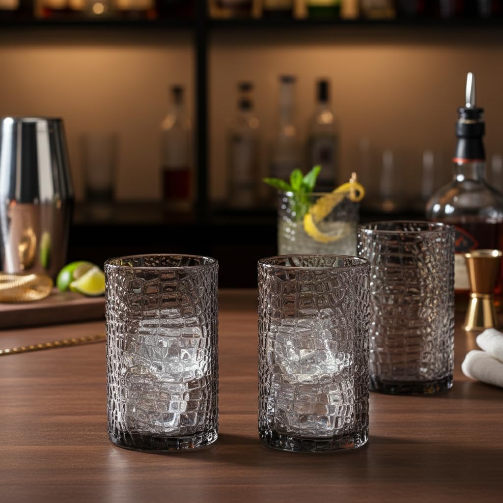 Glaver's Highball Glasses Set of 4 Smoke Drinking Glasses, 15 Ounce Crackle Textured Newly Designed Patent Glassware Heavy Bar Home Party Decor Black Kitchen Glasses, Water Juice Cocktails - Image 8