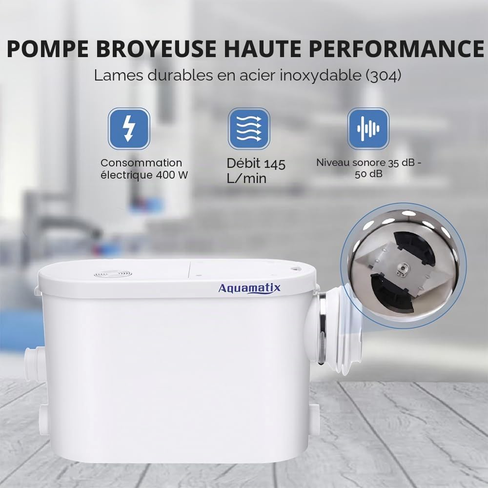 Aquamatix Silencio S Broyeur Sanitaire 400W Pompe de Relevage 145L/min pour WC suspendus 3 entrées Distance de pompage verticale de 8m avec filtre à charbon