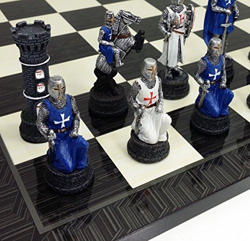 Medieval Times Crusades White & Blue Knights Chess Set Hand Painted W/ 17" Black & Gray Geometric Design Board