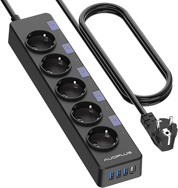 Ciabatta Elettrica 8 Prese + 4 USB - Torre Con Interruttore, Protezione Sovratensioni, Cavo 2m