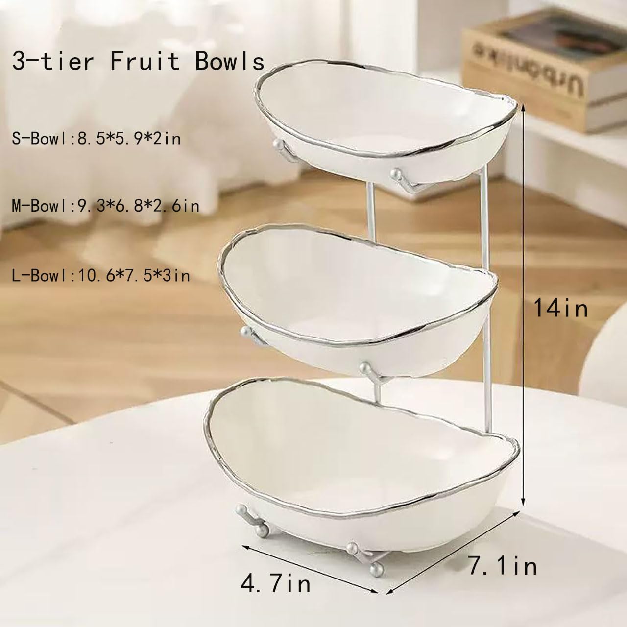 3-Tier Fruit Bowls for Kitchen Counter,Ceramic White Bowl with Sliver Metal Stand,3 Tier Fruit Basket for Fruit,Snack,Cake,Nuts,Dessert Storage